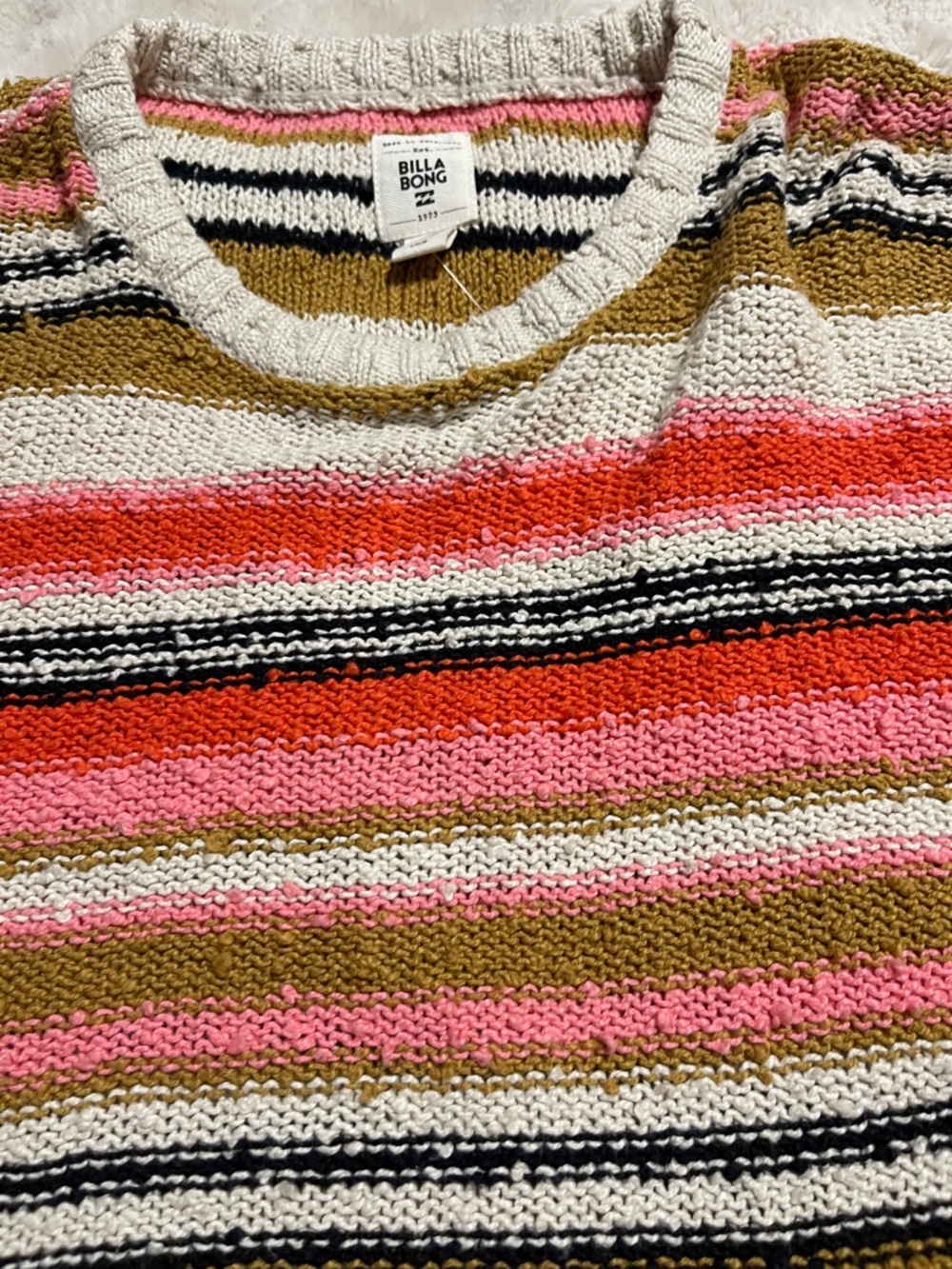 Billabong Striped Crewneck Sweater in Pink, Cream, Brown & Black